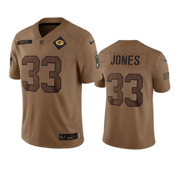 Mens Green Bay Packers #33 Aaron Jones Brown 2023 Salute To Service Limited Jersey->->